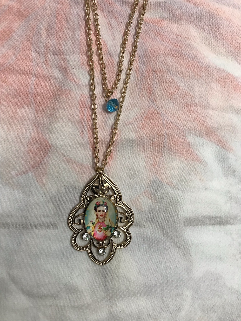 Gold Tone Blue Rhinestone Frida Khalo Unique Studs Double Stranded Chain 18”